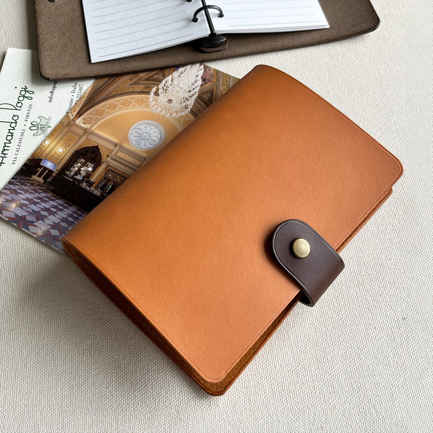 Kyoto A7 皮革六孔活頁筆記本封套  自然棕/岩灰色
