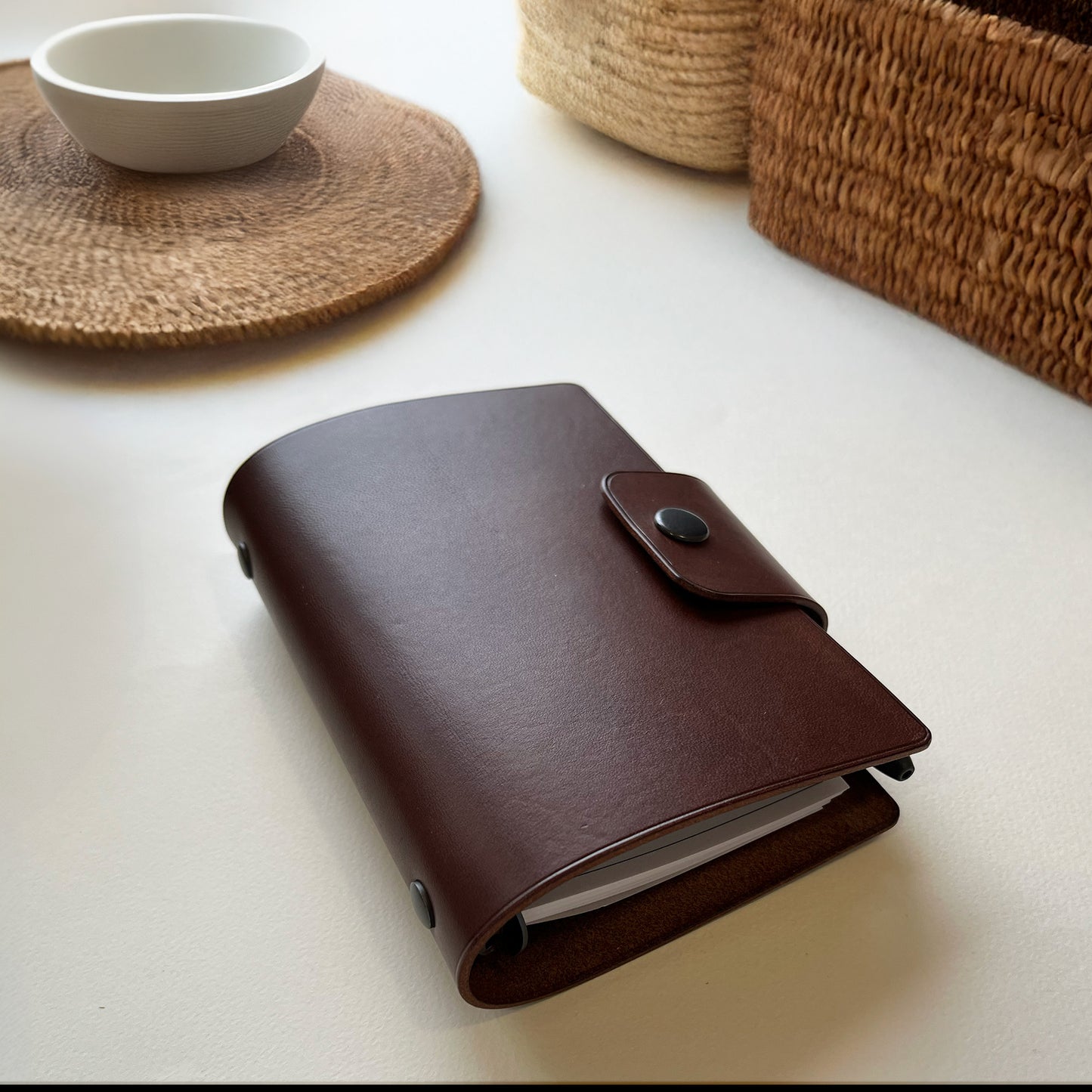 Madrid A7 皮革六孔活頁筆記本封套  焦糖棕/ 可可色